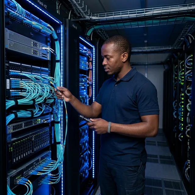 Network engineer working on server rack