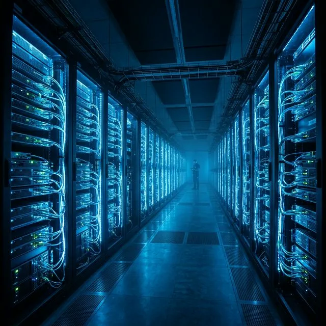 Data center with blue LED server racks